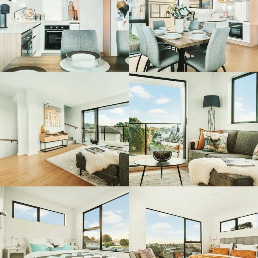 Collage of modern home interiors with kitchen, dining, living, and bedroom areas.