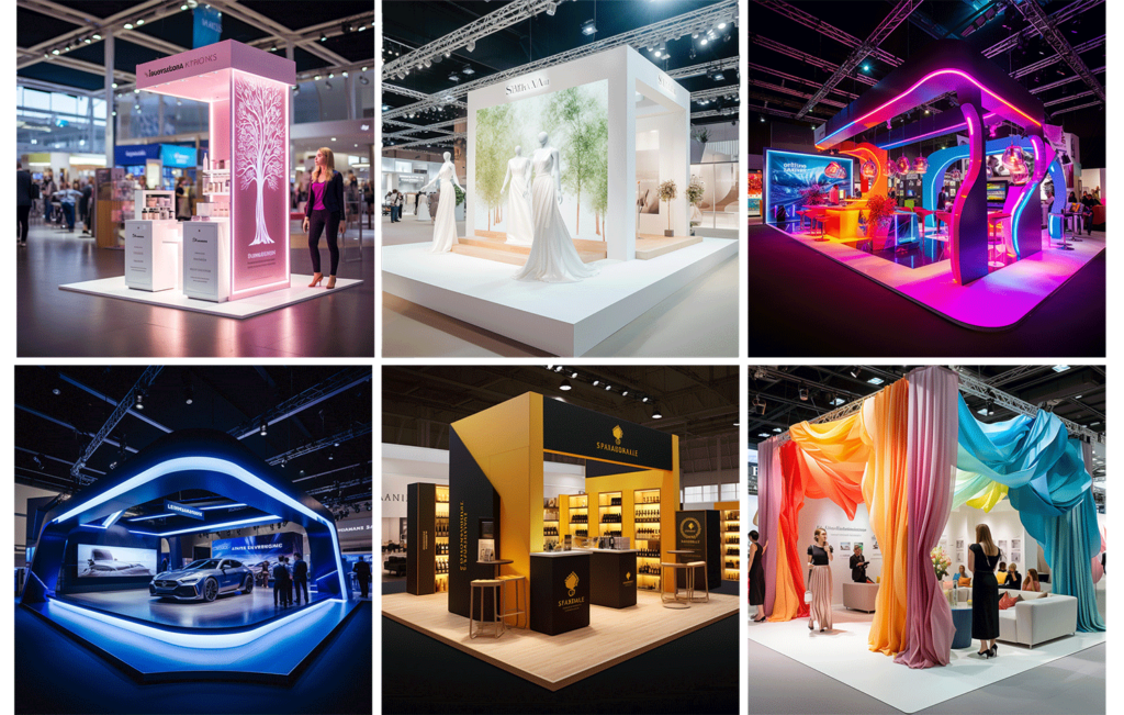 Exhibition stands with vibrant lighting and interactive displays at a trade show.