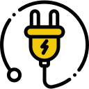 Yellow electrical plug icon on black background.